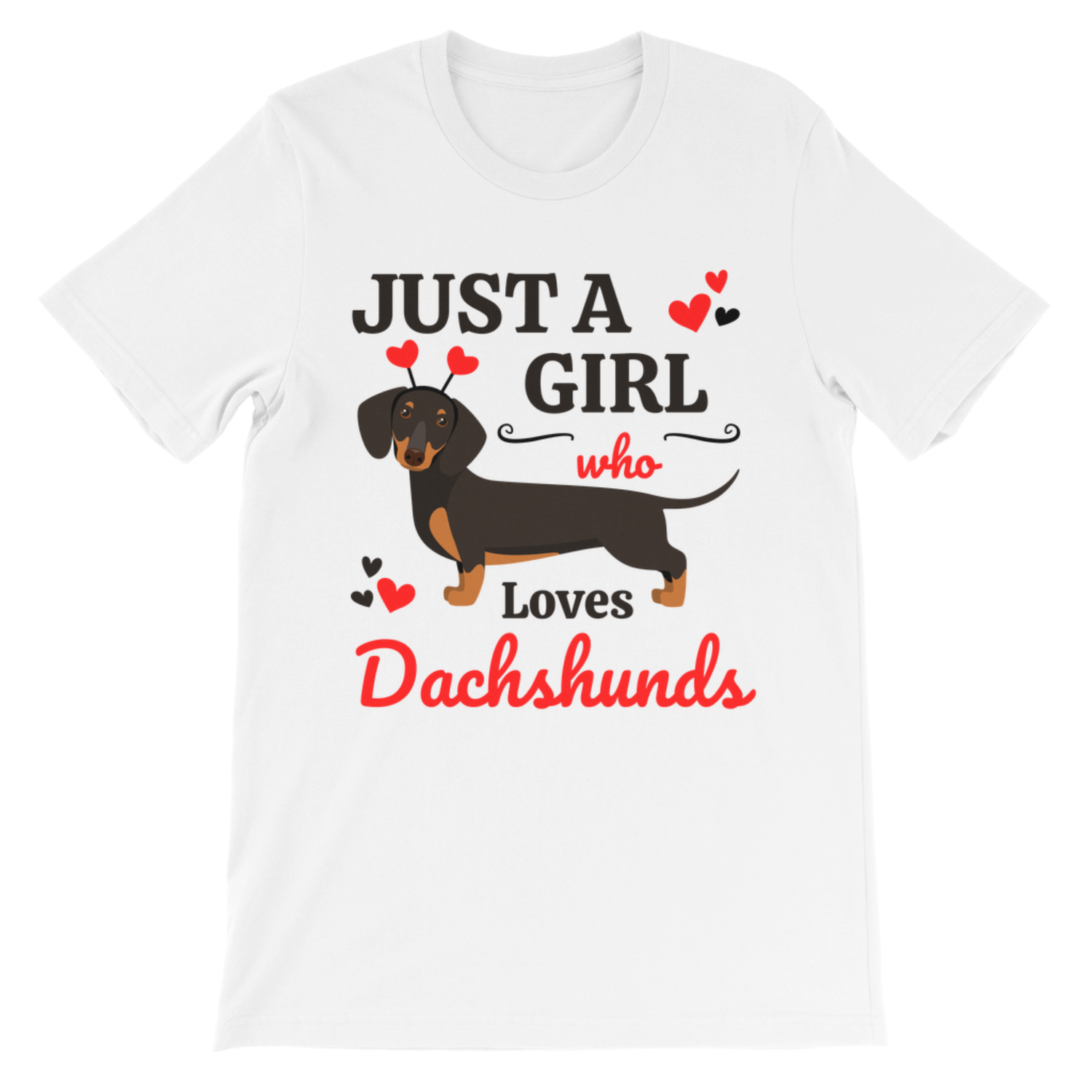 Just A Girl Who Loves Dachshunds t shirt flat lay, girls cotton dog lover graphic tee with red and black print