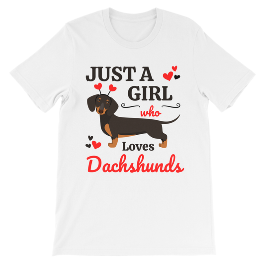 White Just A Girl Who Loves Dachshunds t shirt flat lay, girls cotton dog lover graphic tee with red and black print