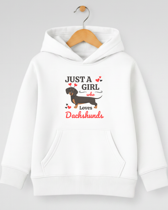 Kids white hoodie with dachshund design and text on a white background