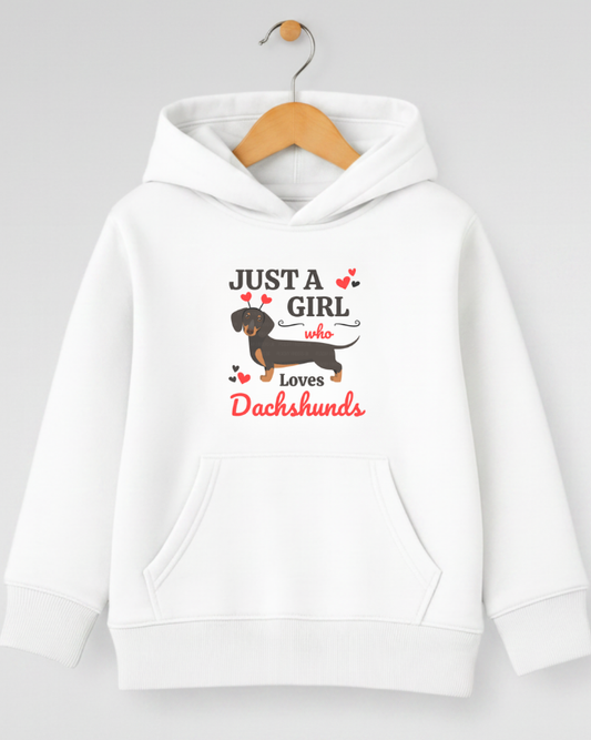 Kids white hoodie with dachshund design and text on a white background