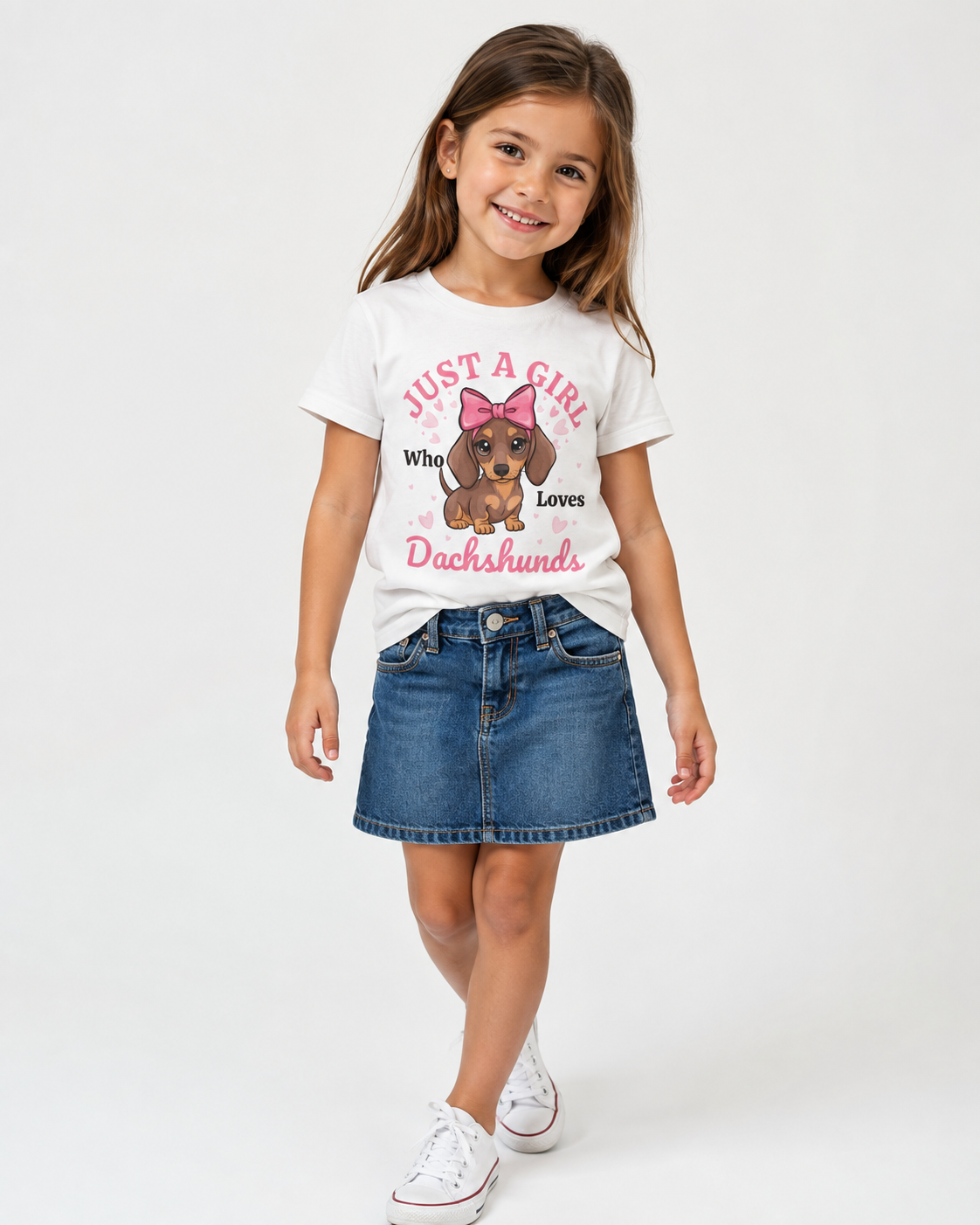 Happy 6-year-old girl wearing a white “Just A Girl Who Loves Dachshunds” T-shirt with a pink bow dachshund graphic, styled with an A-line denim skirt in a bright studio setting.