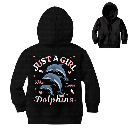 Black hoodie with 'Just a Girl Who Loves Dolphins' text and dolphin graphics on a white background