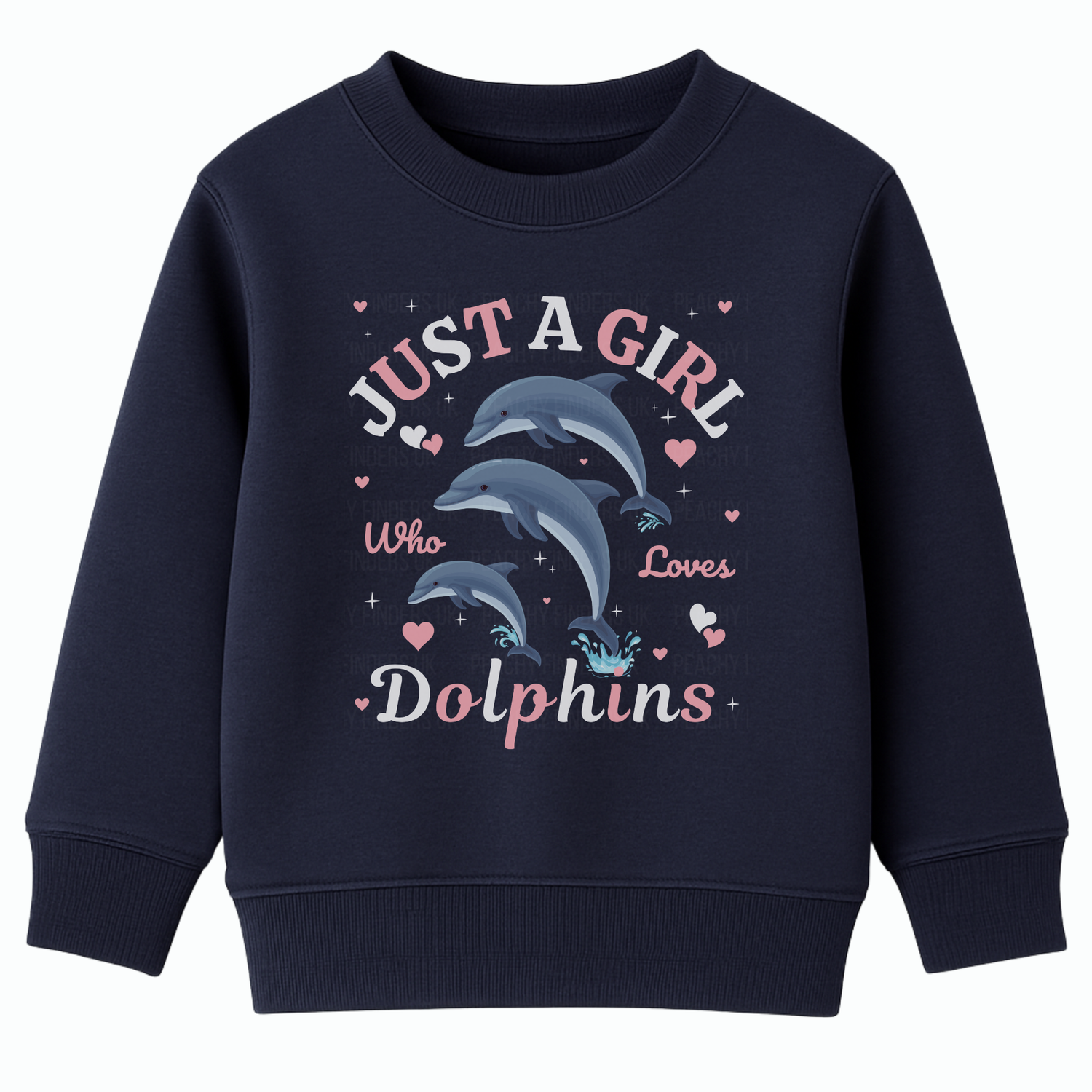 Girl navy sweatshirt with three playful dolphins, hearts and the slogan Just a Girl Who Loves Dolphins printed on the front.