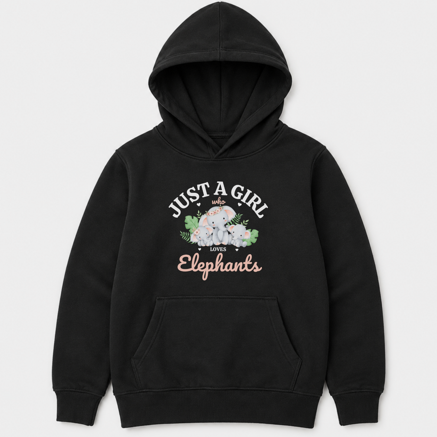Kids black hoodie with “Just a Girl Who Loves Elephants”. Mother and baby elephants surrounded by green leaves and pink hearts.