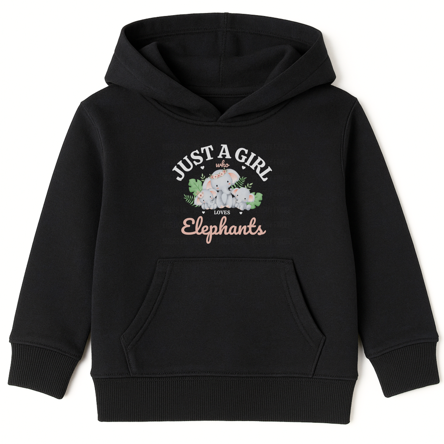 Kids black hoodie with “Just a Girl Who Loves Elephants”. Mother and baby elephants surrounded by green leaves and pink hearts.