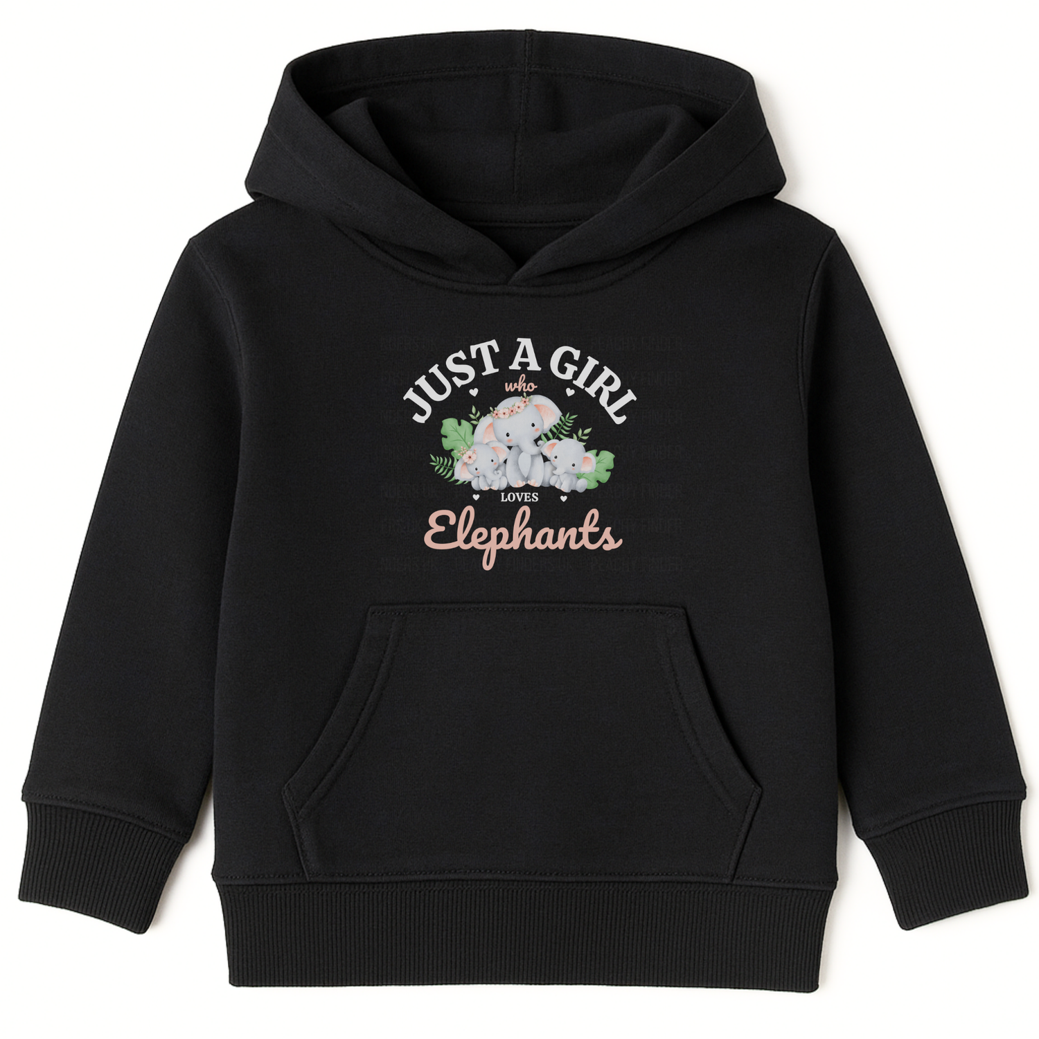 Kids black hoodie with “Just a Girl Who Loves Elephants”. Mother and baby elephants surrounded by green leaves and pink hearts.