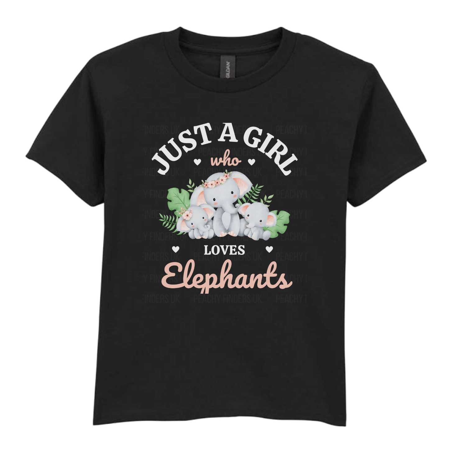 Girls black short sleeve t-shirt with a cute mum and baby elephant family graphic and text reading “Just a Girl Who Loves Elephants.”