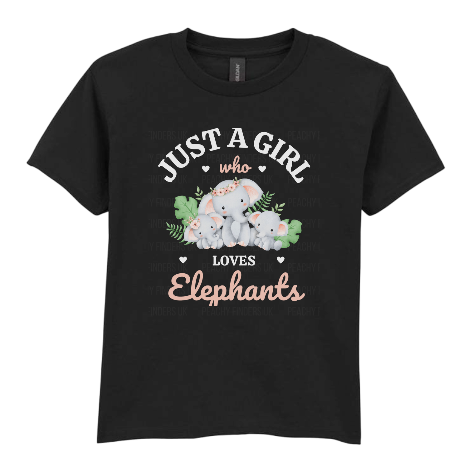 Girls black short sleeve t-shirt with a cute mum and baby elephant family graphic and text reading “Just a Girl Who Loves Elephants.”