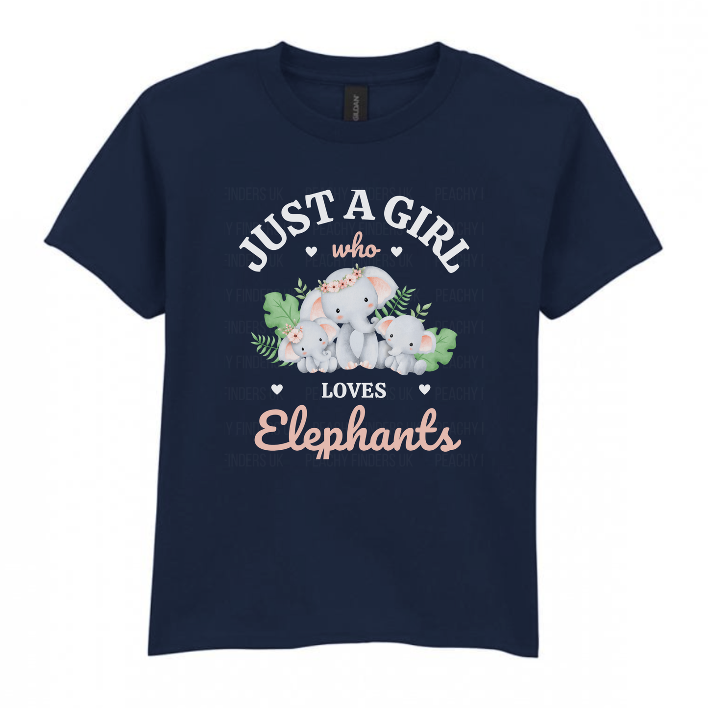 Girls navy short sleeve t-shirt with a cute mum and baby elephant family graphic and text reading “Just a Girl Who Loves Elephants.”