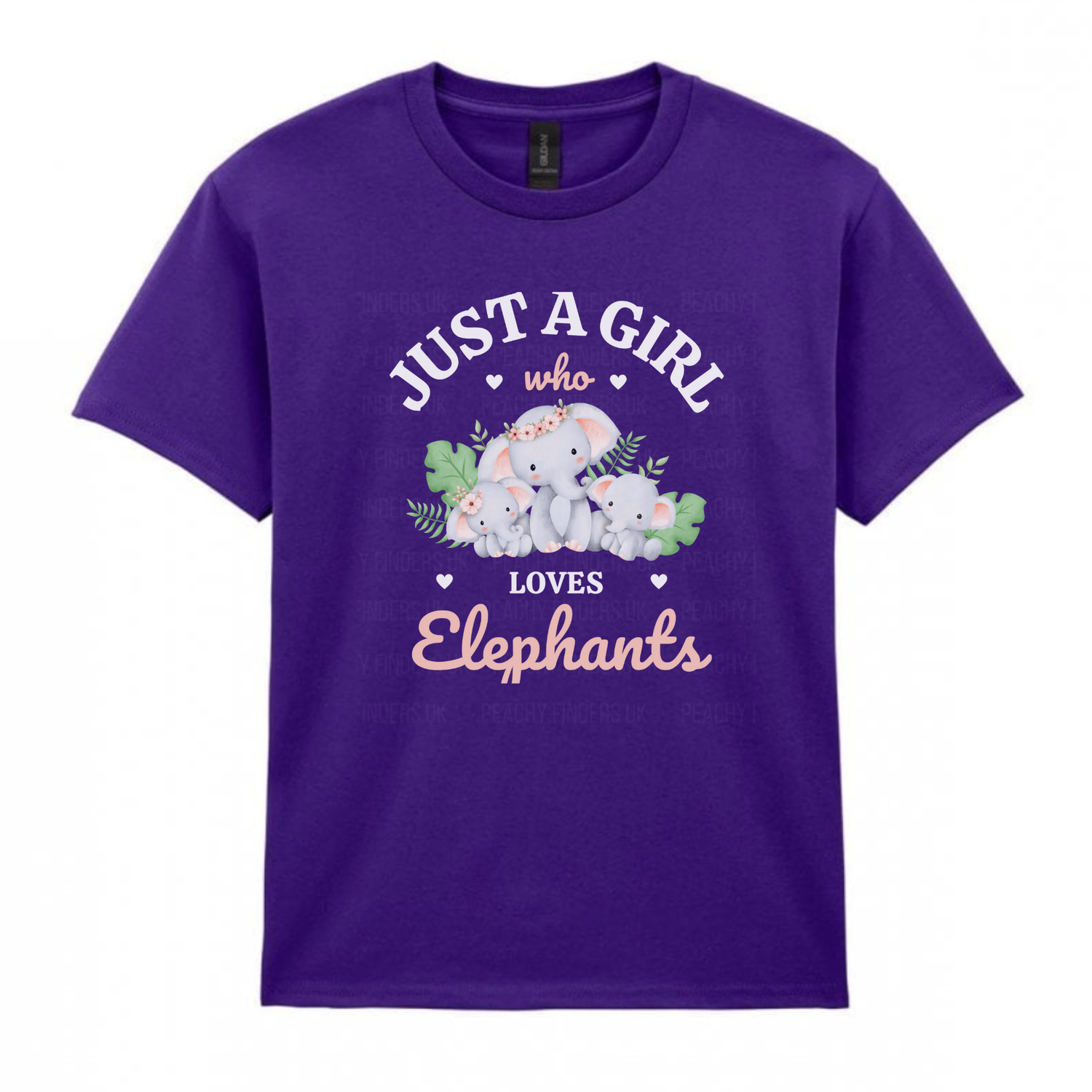 Purple girls t-shirt with a cute mum and baby elephant family graphic and text reading “Just a Girl Who Loves Elephants.”