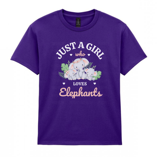 Purple girls t-shirt with a cute mum and baby elephant family graphic and text reading “Just a Girl Who Loves Elephants.”
