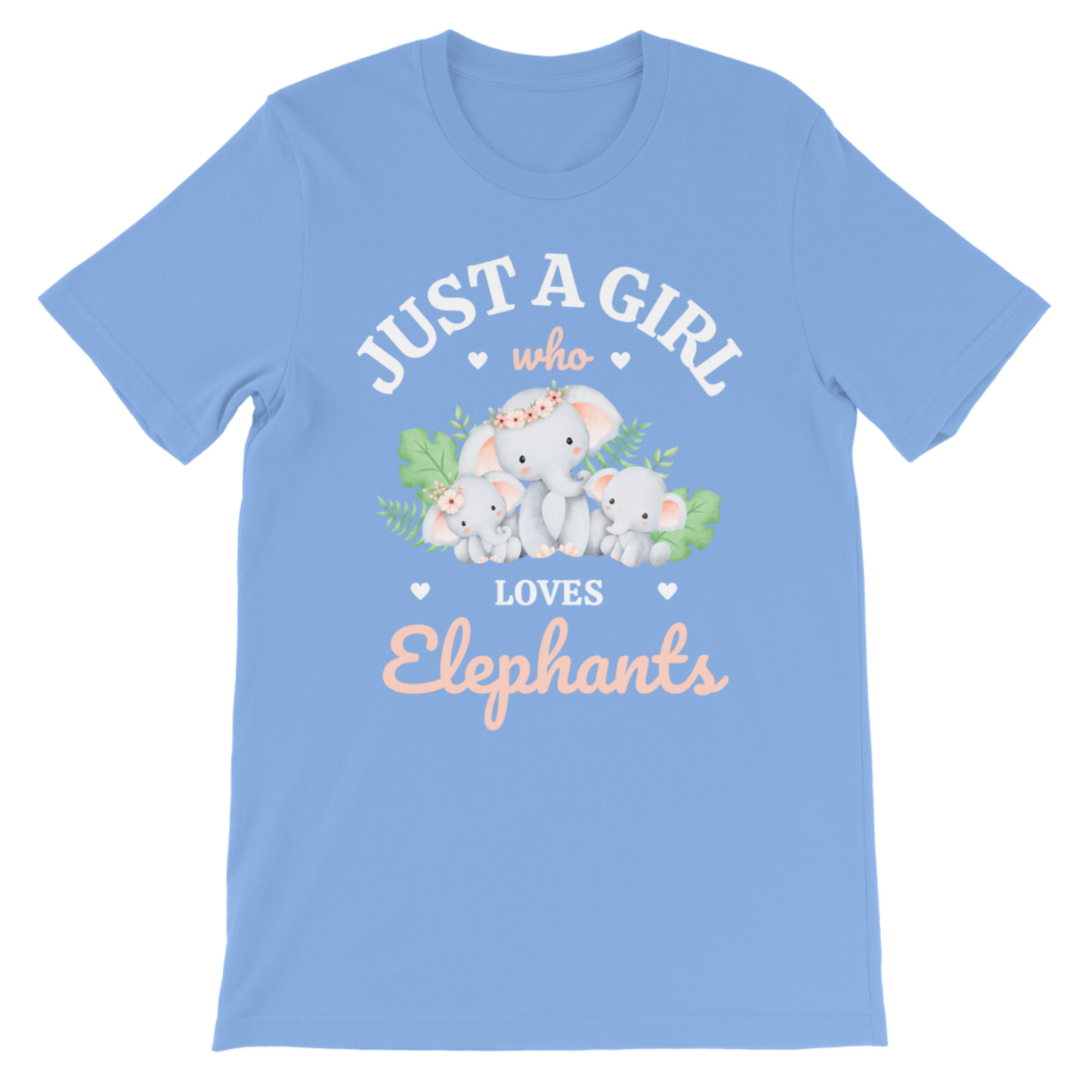 A kids light blue short-sleeve crewneck t-shirt featuring a cute graphic of four cartoon elephants with the text 'JUST A GIRL who LOVES Elephants' in white and peach lettering.