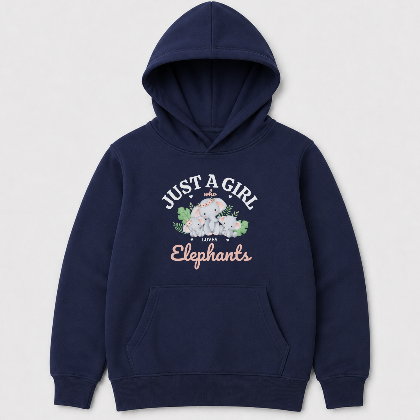 Kids navy hoodie with “Just a Girl Who Loves Elephants”. Mother and baby elephants surrounded by green leaves and pink hearts.