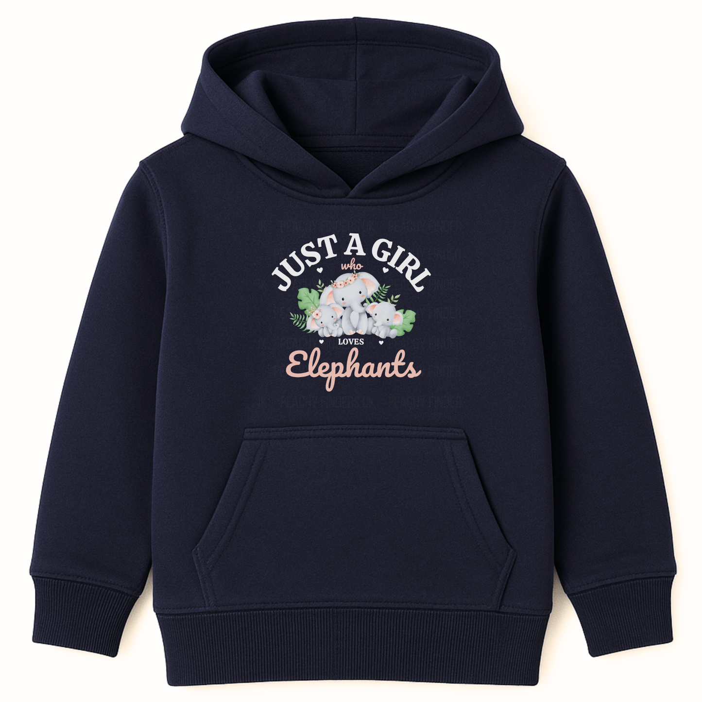 Kids navy hoodie with “Just a Girl Who Loves Elephants”. Mother and baby elephants surrounded by green leaves and pink hearts.