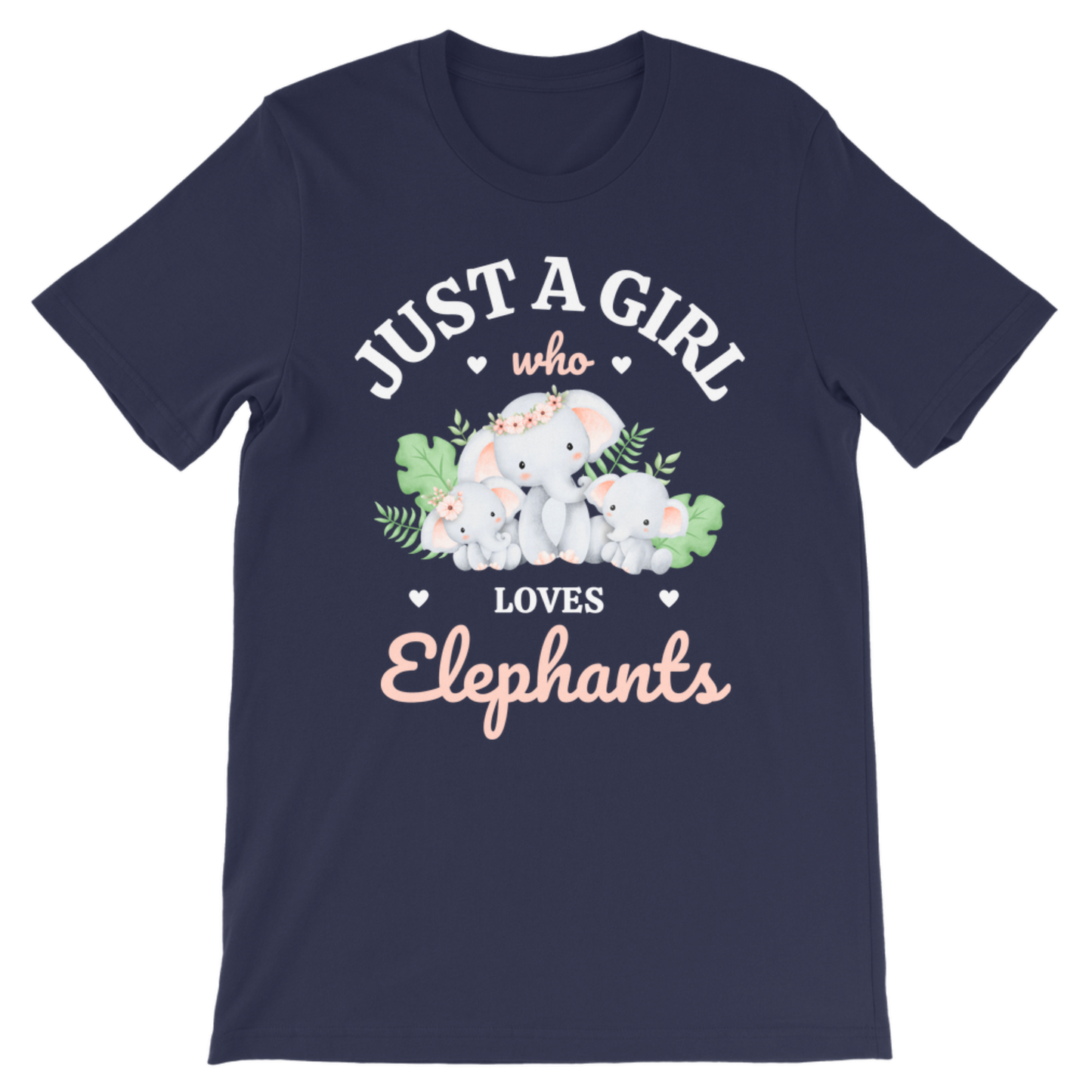 A kids navy blue short-sleeve t-shirt with a cute graphic of baby elephants and floral accents, featuring the text 'JUST A GIRL who LOVES Elephants' in white and pink lettering.