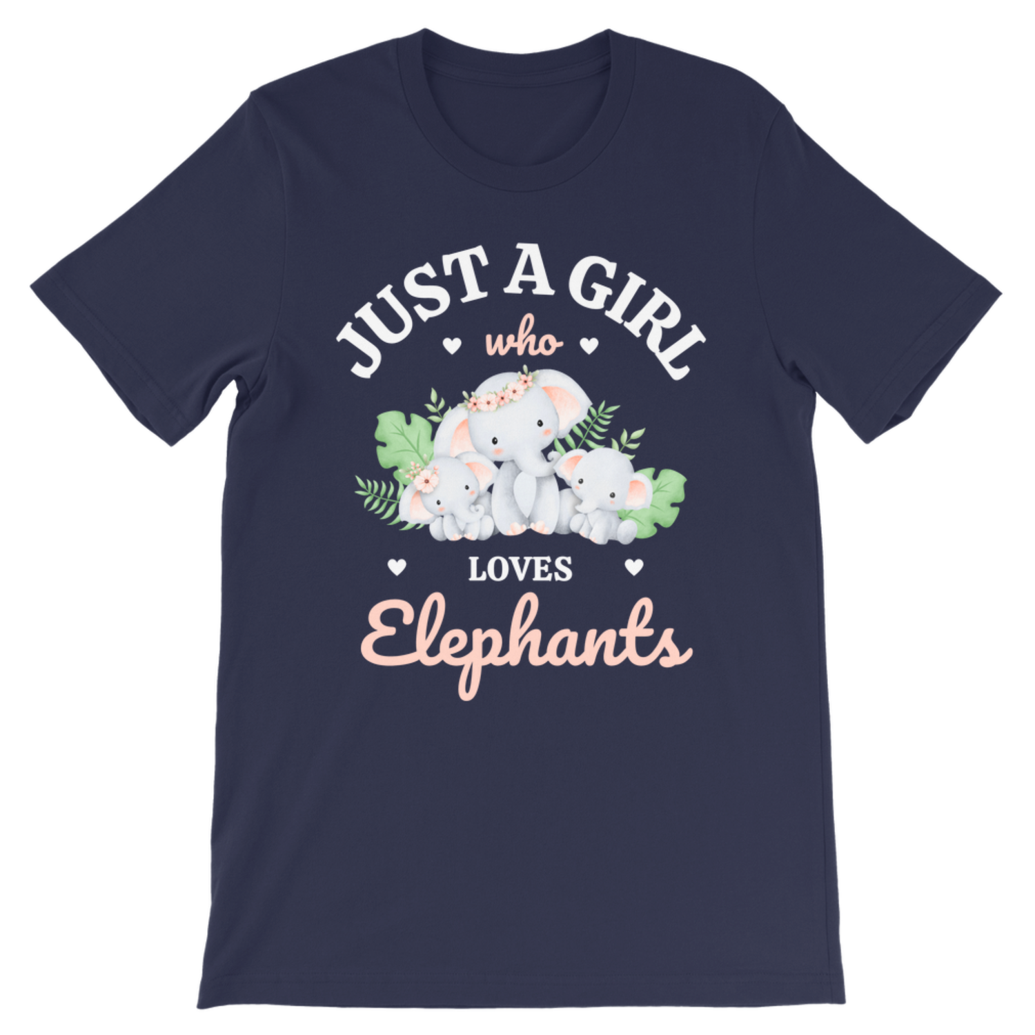 A kids navy blue short-sleeve t-shirt with a cute graphic of baby elephants and floral accents, featuring the text 'JUST A GIRL who LOVES Elephants' in white and pink lettering.