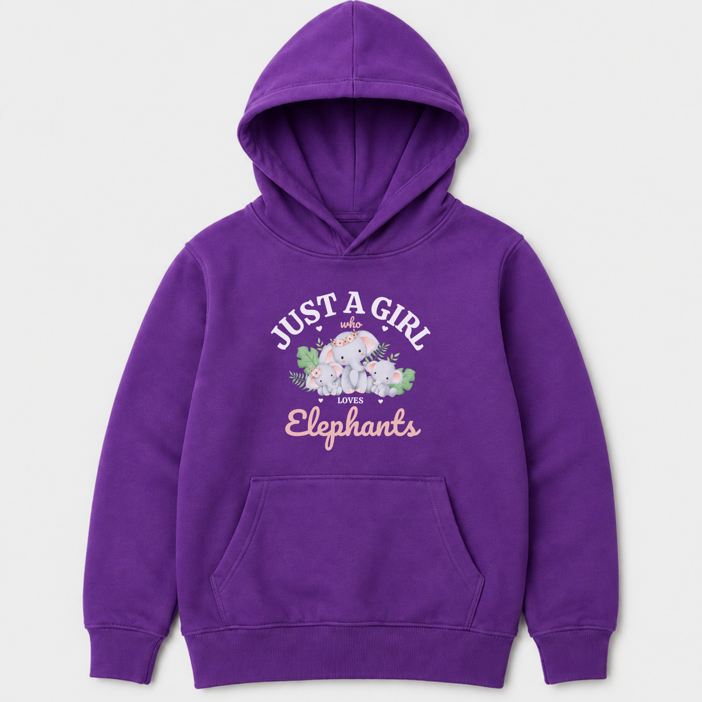 Kids purple hoodie with “Just a Girl Who Loves Elephants”. Mother and baby elephants surrounded by green leaves and pink hearts.