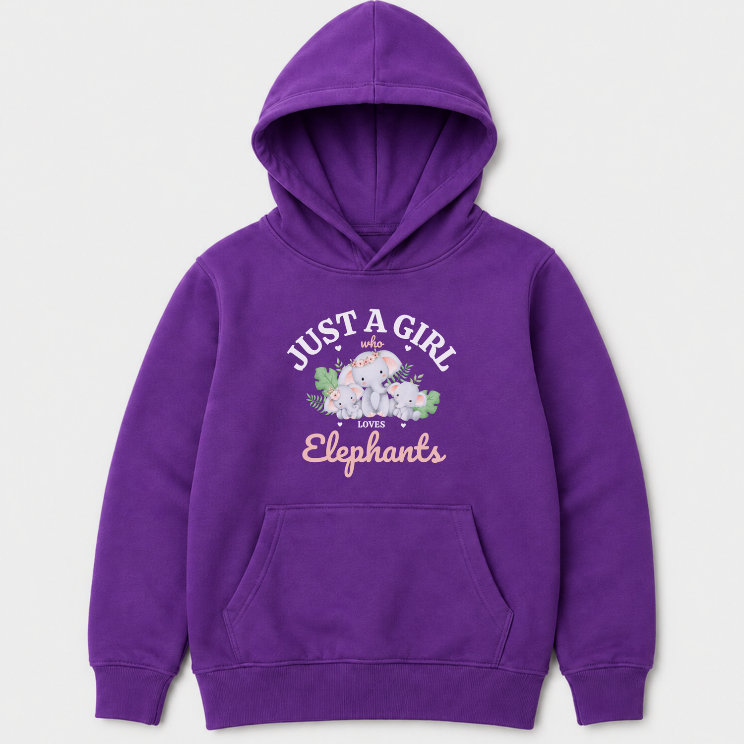 Kids purple hoodie with “Just a Girl Who Loves Elephants”. Mother and baby elephants surrounded by green leaves and pink hearts.