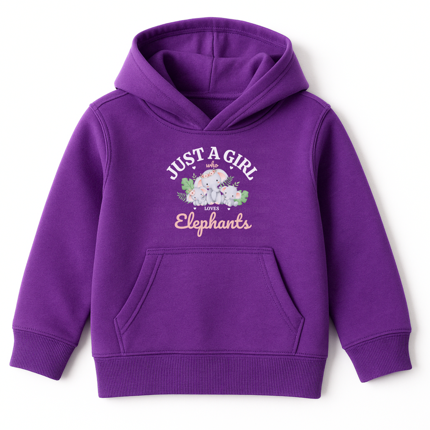 Kids purple hoodie with “Just a Girl Who Loves Elephants”. Mother and baby elephants surrounded by green leaves and pink hearts.