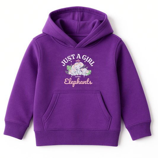 Kids purple hoodie with “Just a Girl Who Loves Elephants”. Mother and baby elephants surrounded by green leaves and pink hearts.