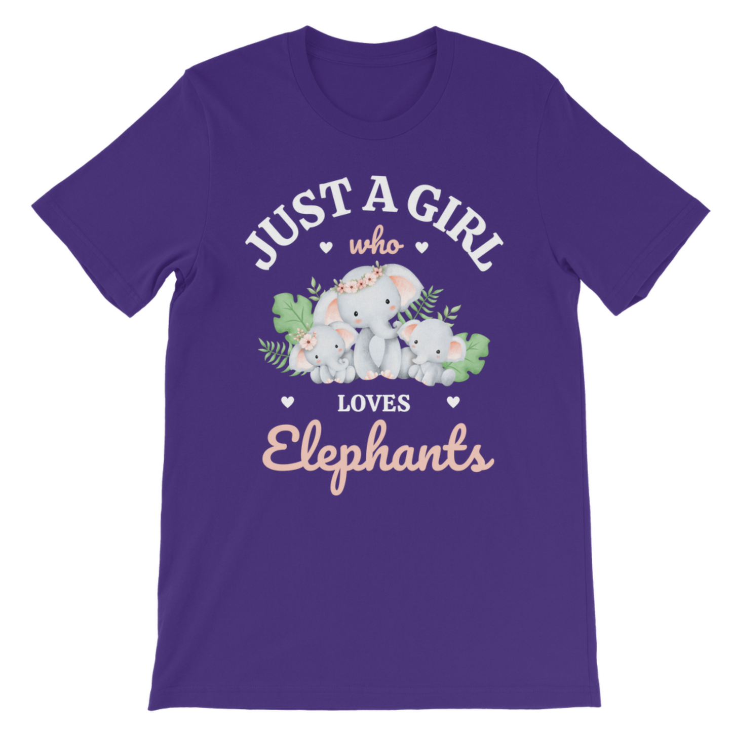 A kids purple short-sleeve crewneck t-shirt featuring a cute graphic of three baby elephants with the text 'JUST A GIRL who LOVES Elephants' in white and pink lettering.