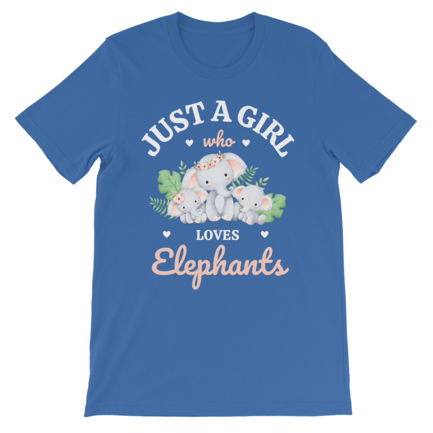 A kids royal blue short-sleeve t-shirt with a cute graphic of a group of baby elephants and the text 'JUST A GIRL who LOVES Elephants' in white and peach lettering.