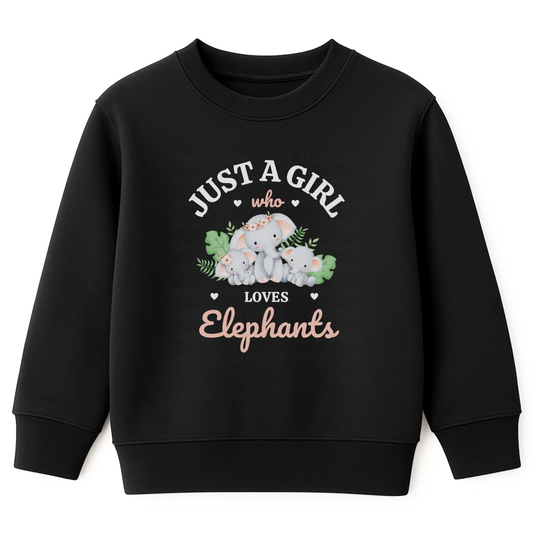 Girls black sweatshirt with “Just a Girl Who Loves Elephants” text and cute elephant family design.