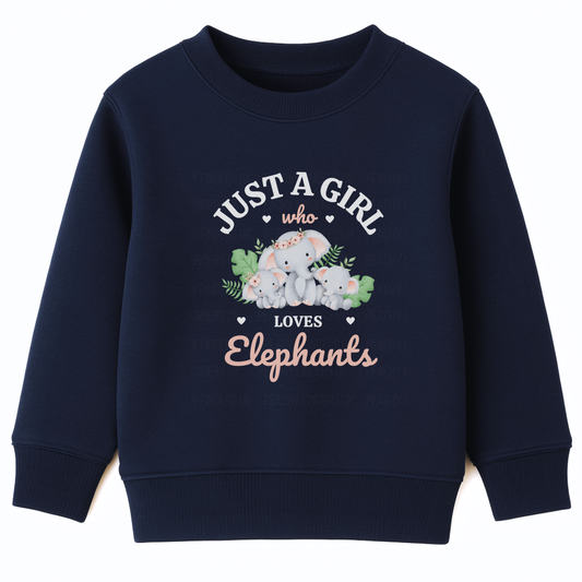 Navy girls sweatshirt with “Just a Girl Who Loves Elephants” text and cute elephant family design.