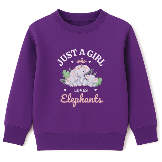 Navy girls sweatshirt with “Just a Girl Who Loves Elephants” text and cute elephant family design.
