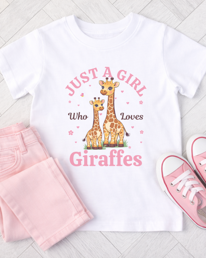 White kids giraffe t-shirt flat lay with pink jeans and trainers, “Just a Girl Who Loves Giraffes” design