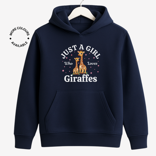 Kids navy pullover hoodie featuring ‘Just a Girl Who Loves Giraffes’ design with two cartoon giraffes and pink hearts.