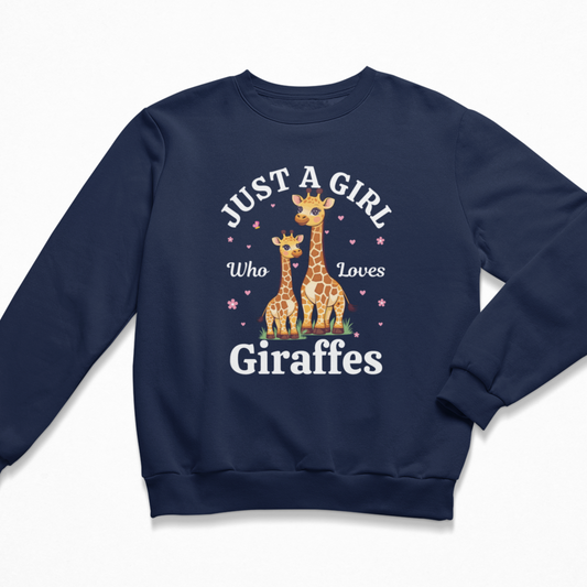 Girls Navy jumper with giraffe design and "Just a girl who loves giraffes" text, scattered hearts and flowers.