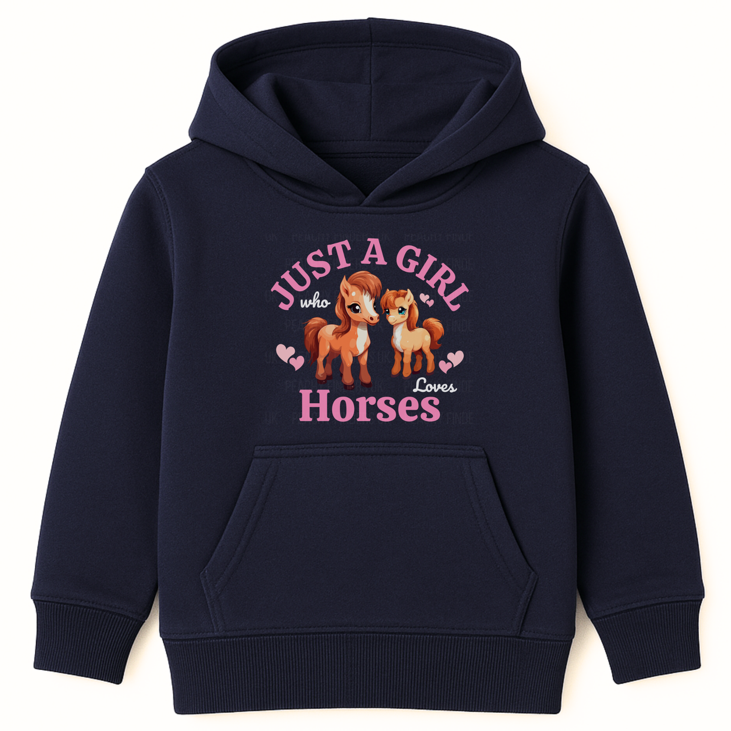 Navy kids hoodie with “Just A Girl Who Loves Horses” print, girls horse graphic pullover sweatshirt front view