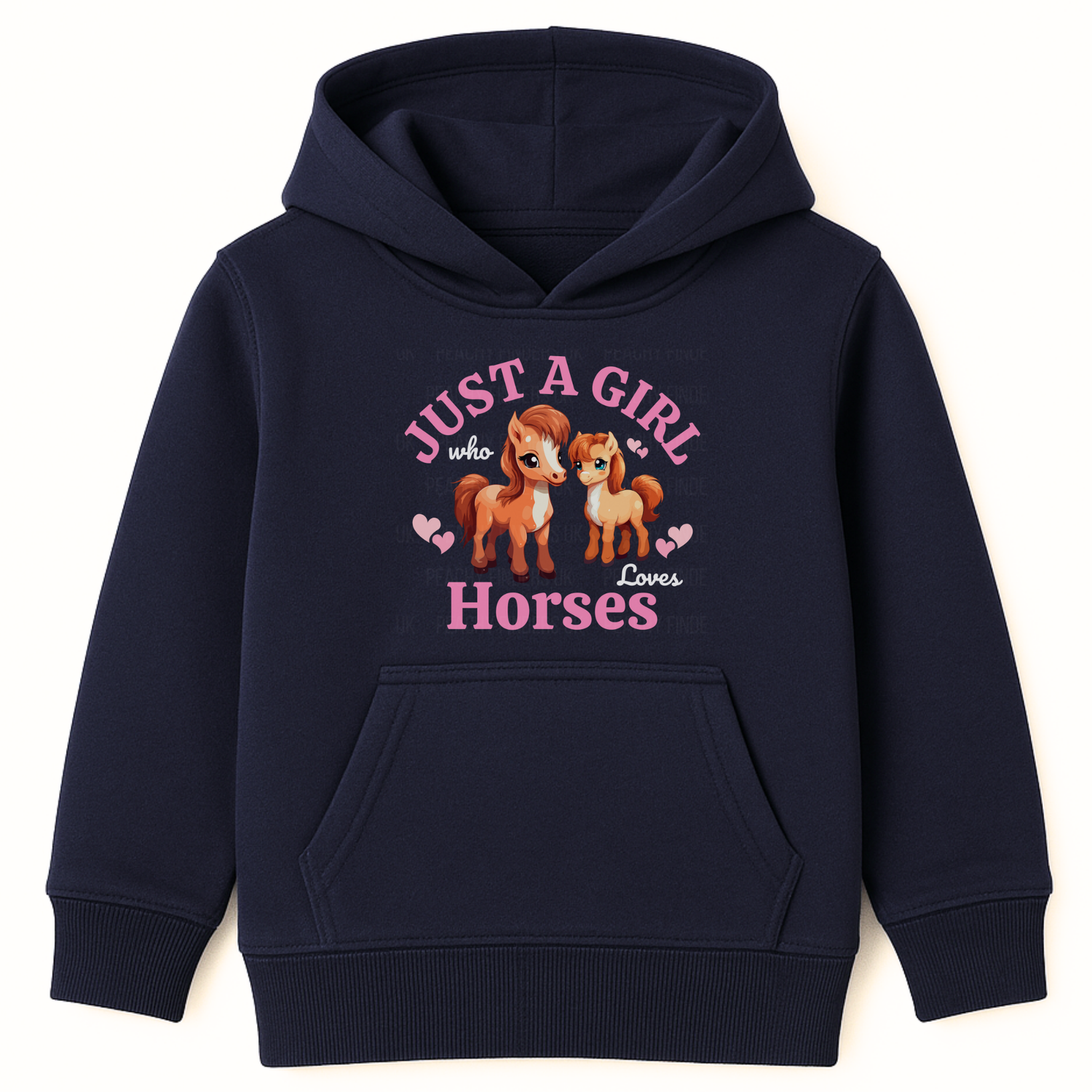 Navy kids hoodie with “Just A Girl Who Loves Horses” print, girls horse graphic pullover sweatshirt front view
