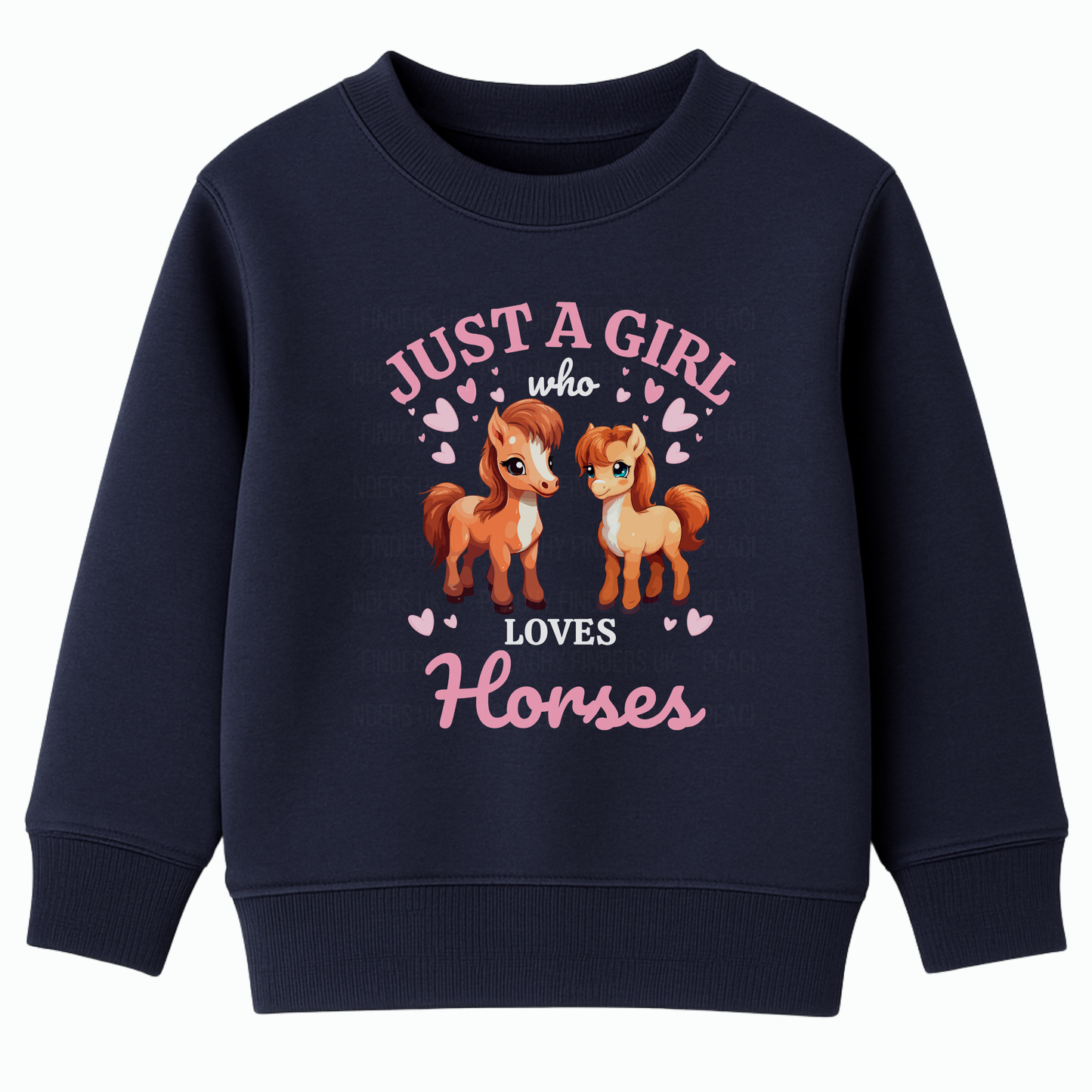 Navy blue sweatshirt for girls with horse illustration and text on a white background