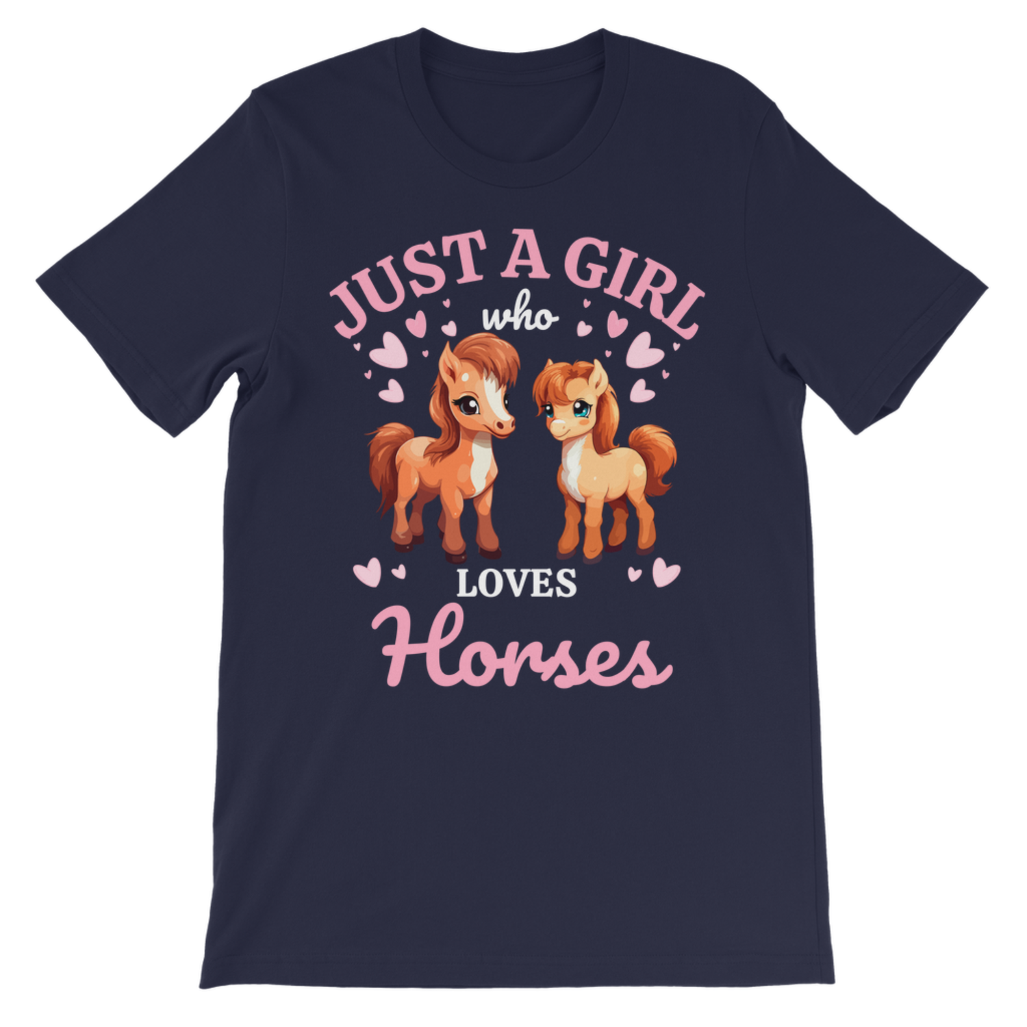 Navy kids horse themed t-shirt with pink slogan and pony illustration displayed flat on white background, premium product photography.