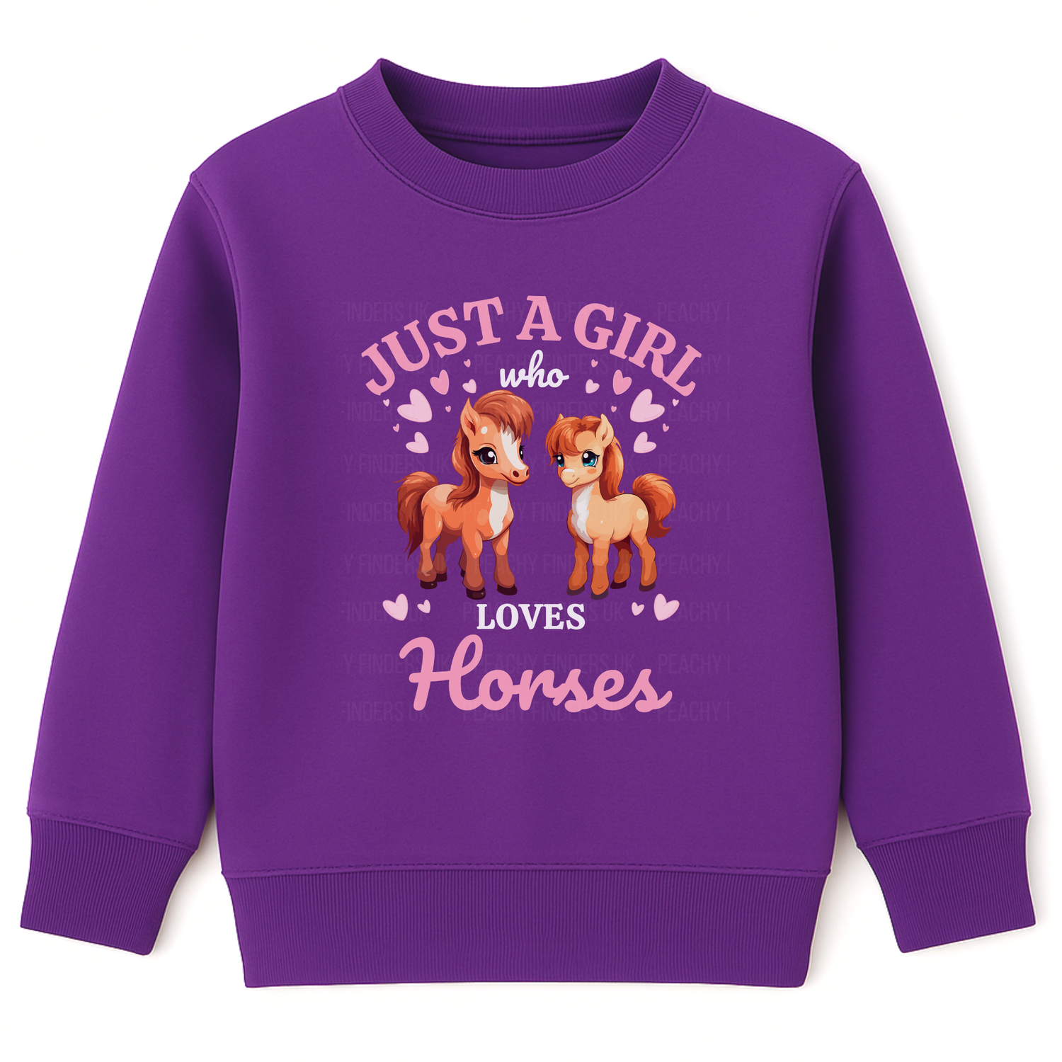Kids purple sweatshirt with horse illustration and slogan on a white background