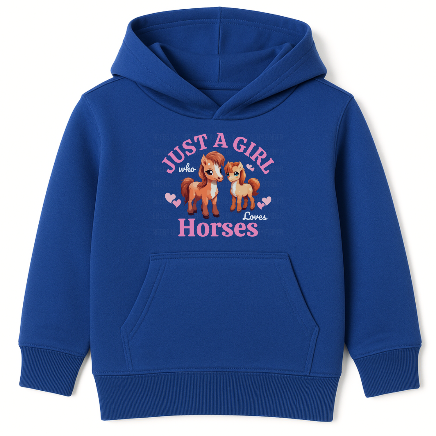 Royal blue kids hoodie with “Just A Girl Who Loves Horses” print, front view girls animal graphic sweatshirt