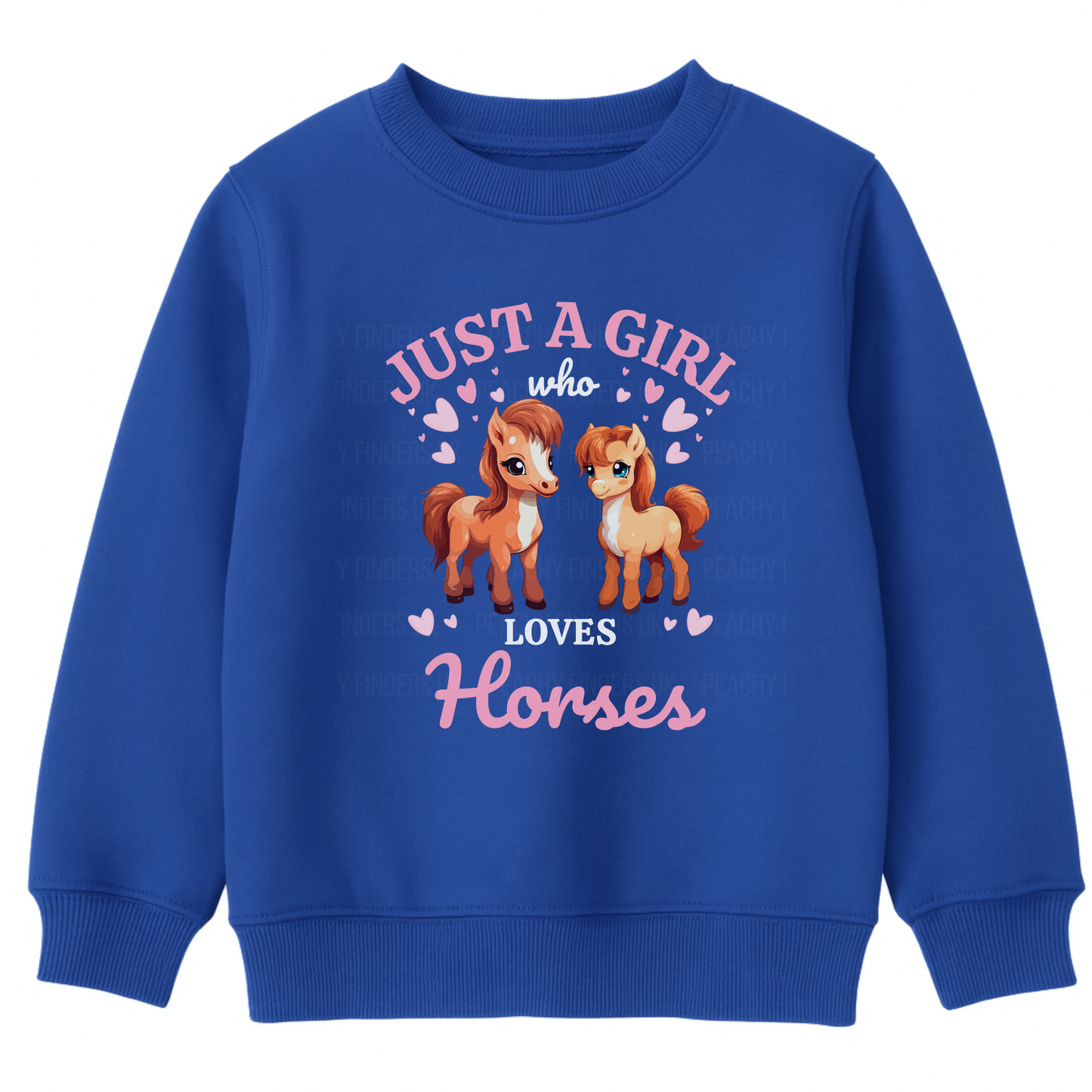 Girls royal blue sweatshirt with horse illustration and text on a white background