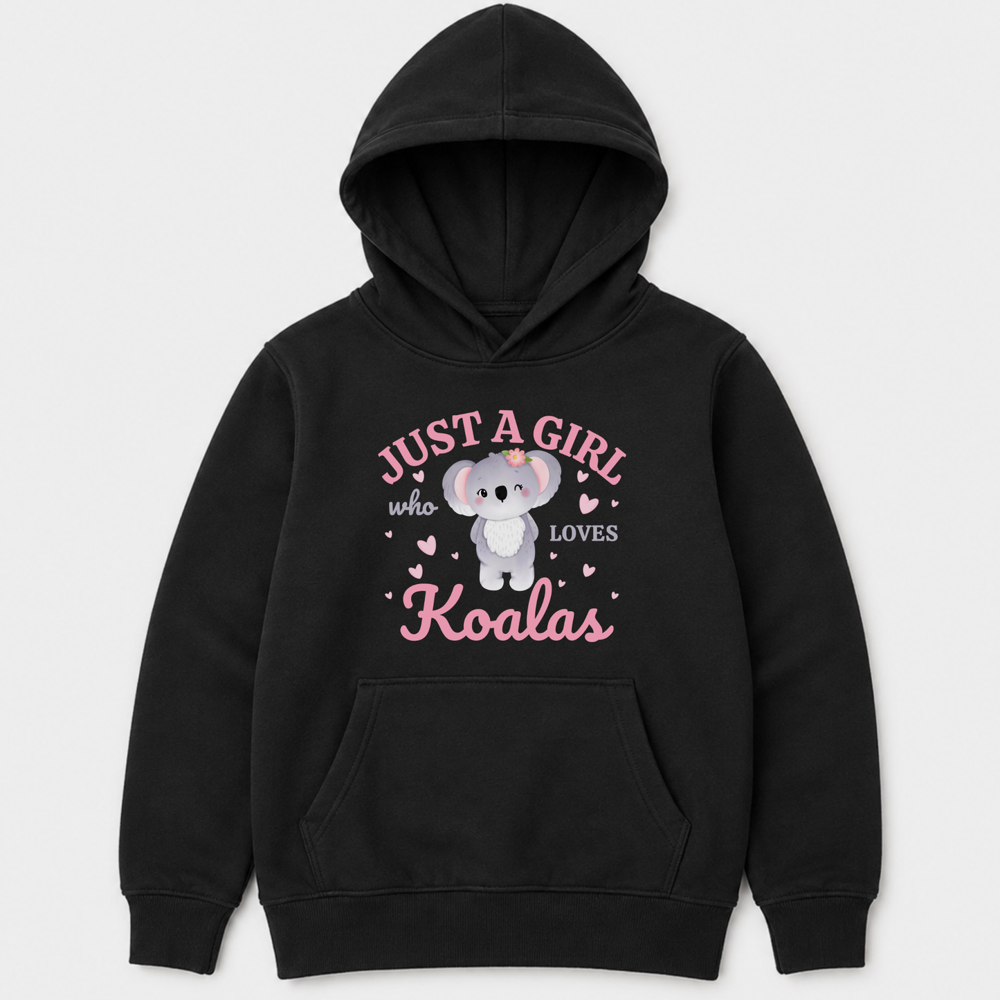 Girls’ black pullover hoodie featuring a koala and Just a Girl Who Loves Koalas wording.