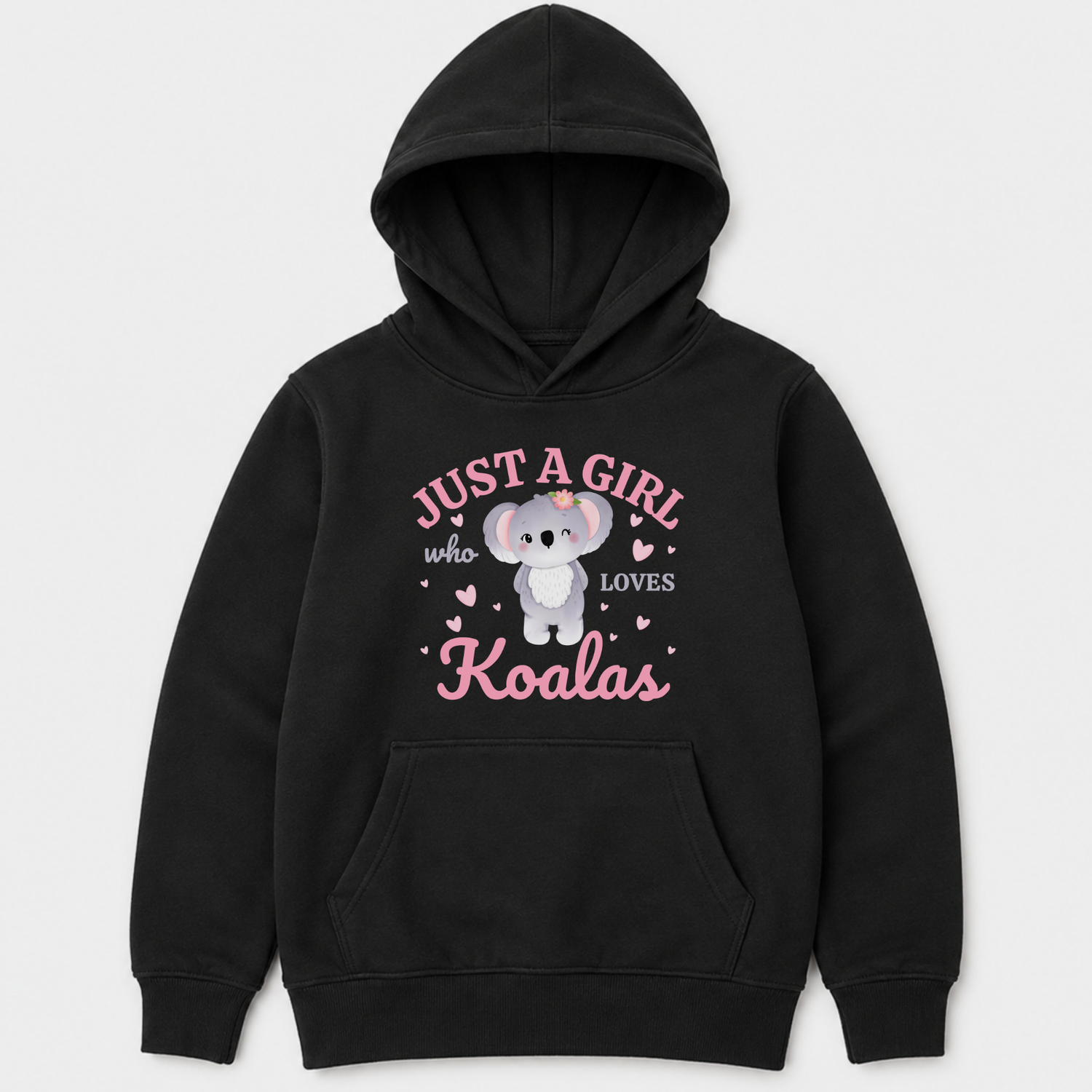 Girls’ black pullover hoodie featuring a koala and Just a Girl Who Loves Koalas wording.