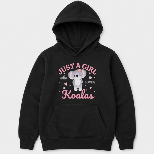 Girls’ black pullover hoodie featuring a koala and Just a Girl Who Loves Koalas wording.
