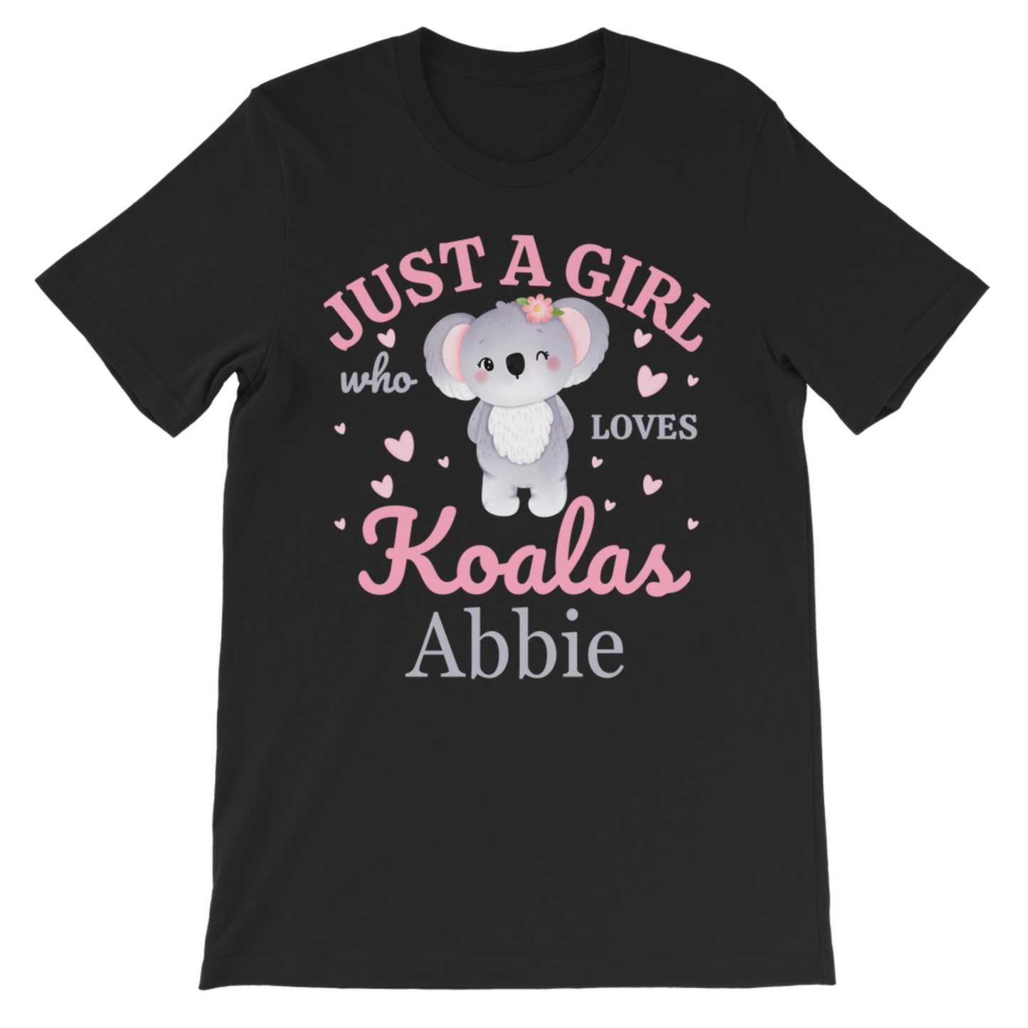 Personalised kids koala t-shirt in black with custom name, cute “Just a Girl Who Loves Koalas” design