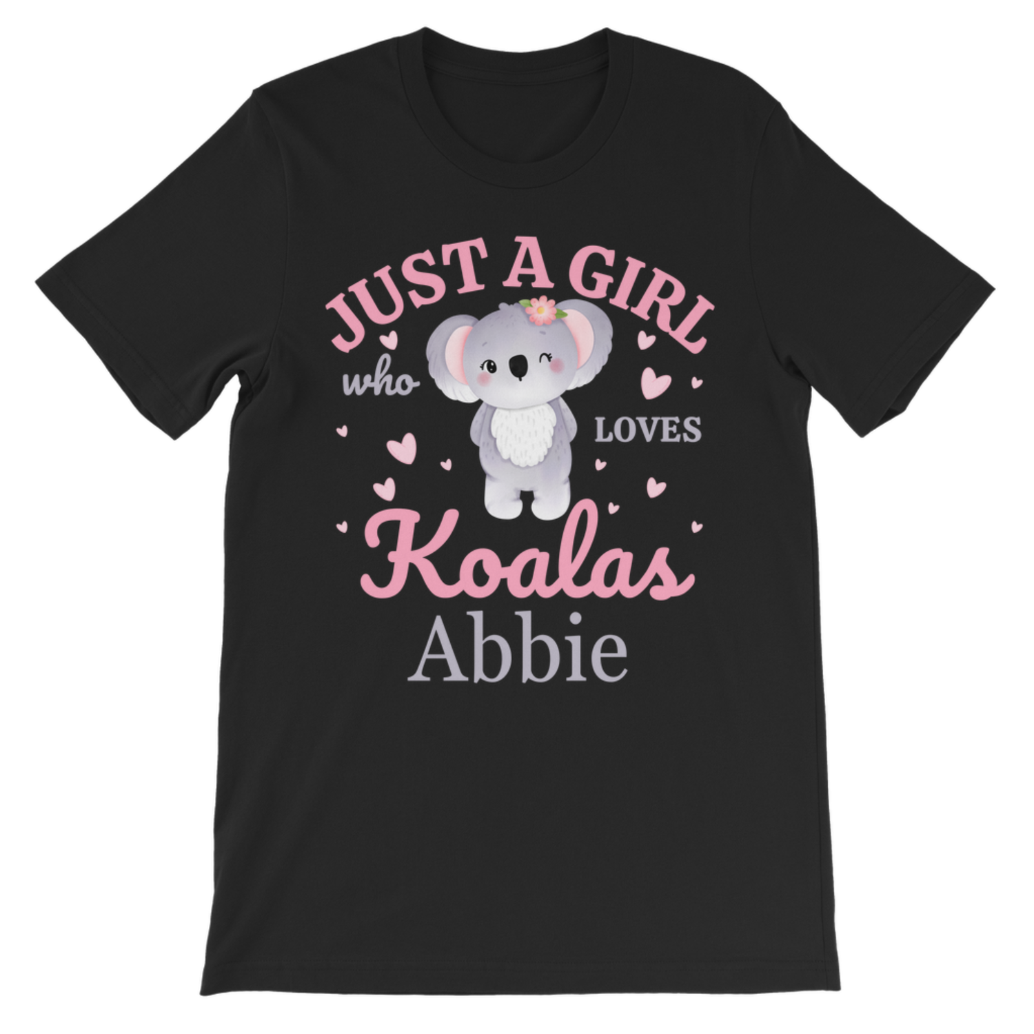 Personalised kids koala t-shirt in black with custom name, cute “Just a Girl Who Loves Koalas” design