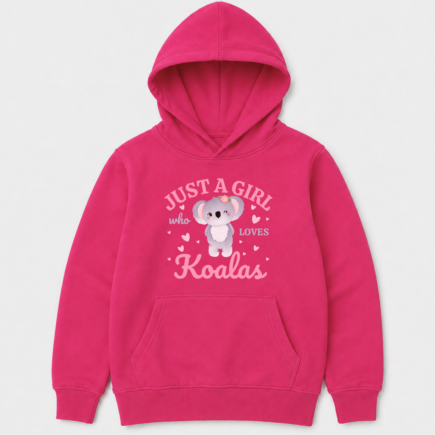 Hot-pink girls’ pullover hoodie with a koala and Just a Girl Who Loves Koalas design.