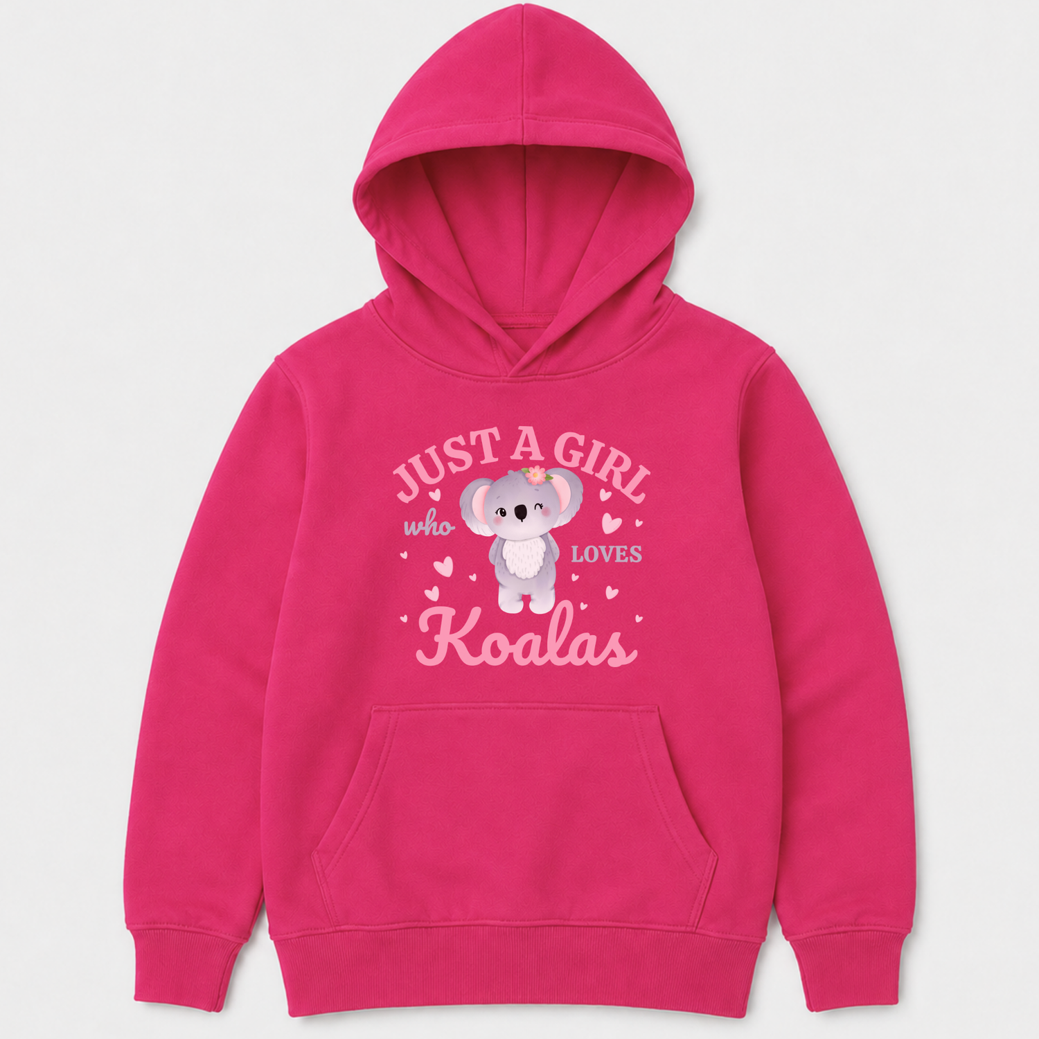 Hot-pink girls’ pullover hoodie with a koala and Just a Girl Who Loves Koalas design.