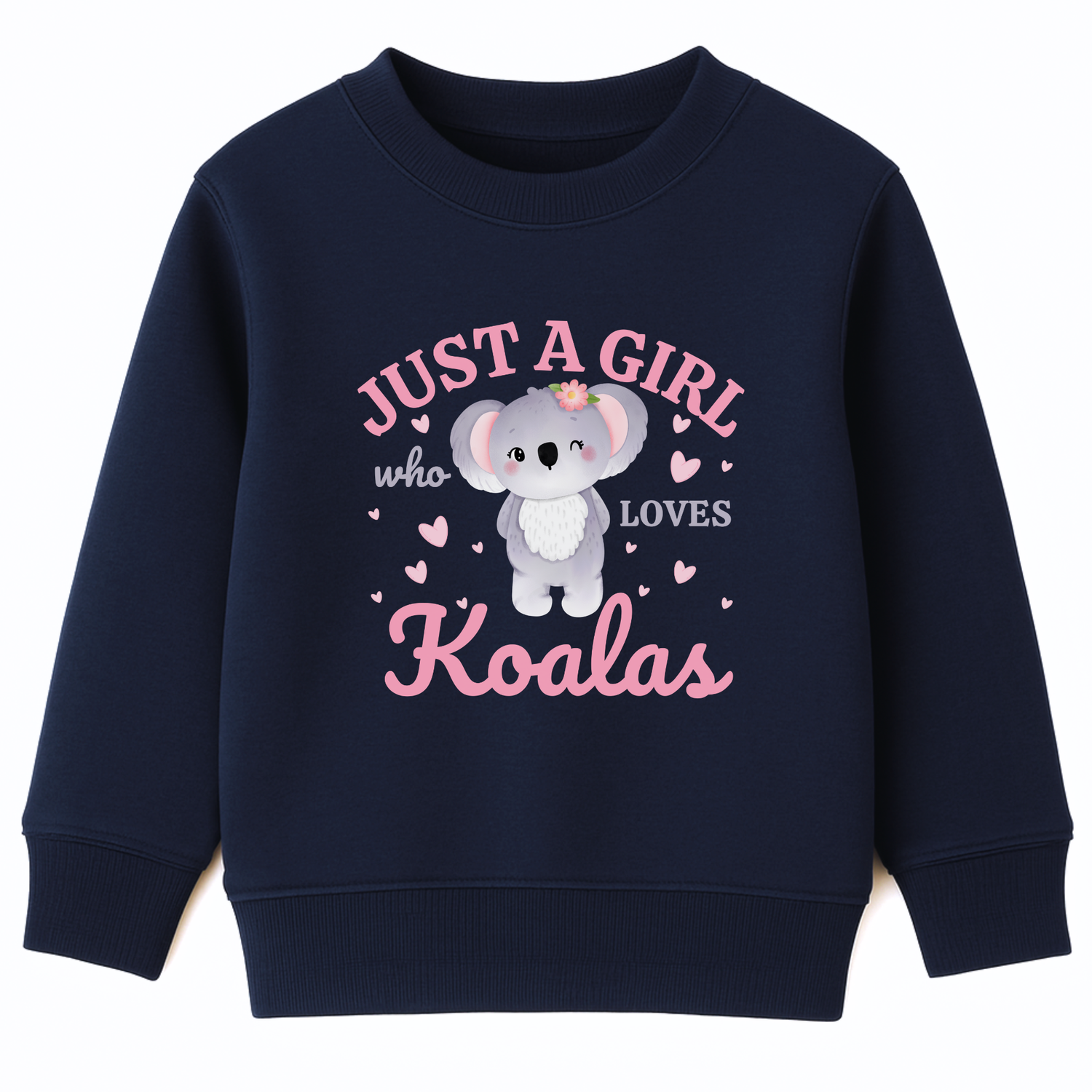 Girls navy sweatshirt featuring a printed design of a cute cartoon koala surrounded by pink hearts, with the words “Just A Girl Who Loves Koalas” written above and below in playful text.