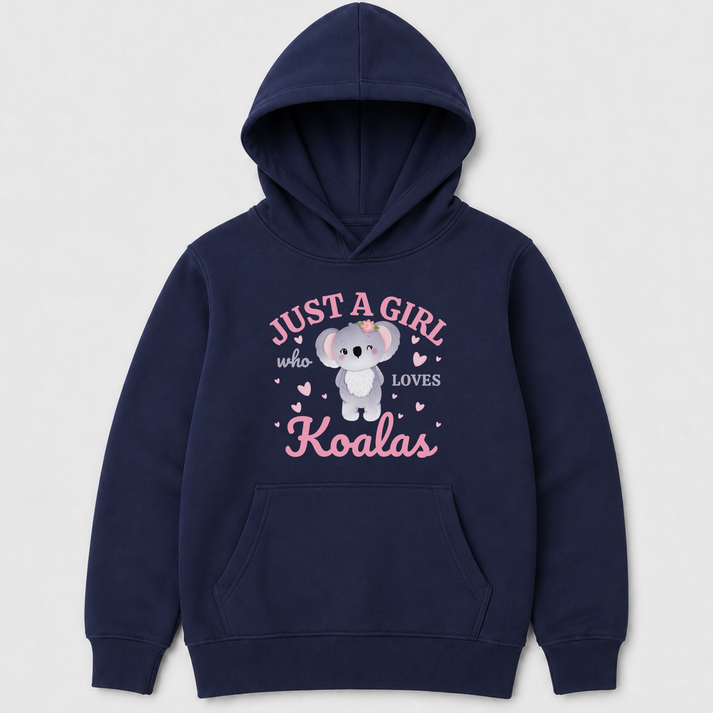 Navy girls’ pullover hoodie featuring a koala and Just a Girl Who Loves Koalas wording.