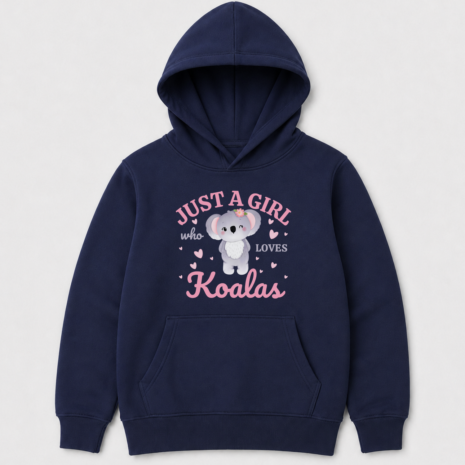 Navy girls’ pullover hoodie featuring a koala and Just a Girl Who Loves Koalas wording.