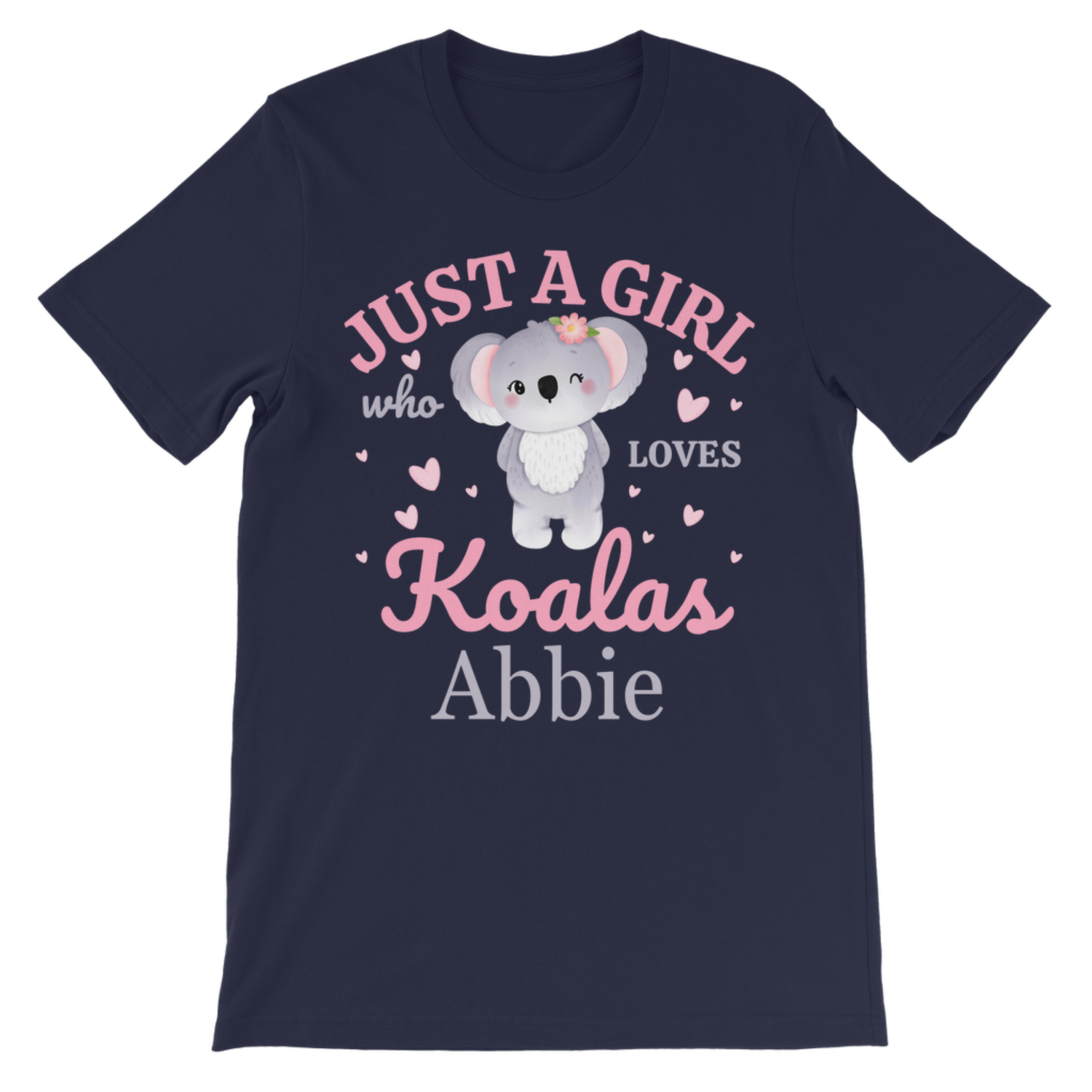 Personalised navy koala t-shirt for girls with custom name, cute animal graphic kids tee